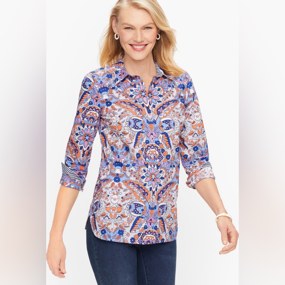 Talbots Classic Cotton Button Down Shirt Royal Palm Paisley/Orange Blue Size 1X